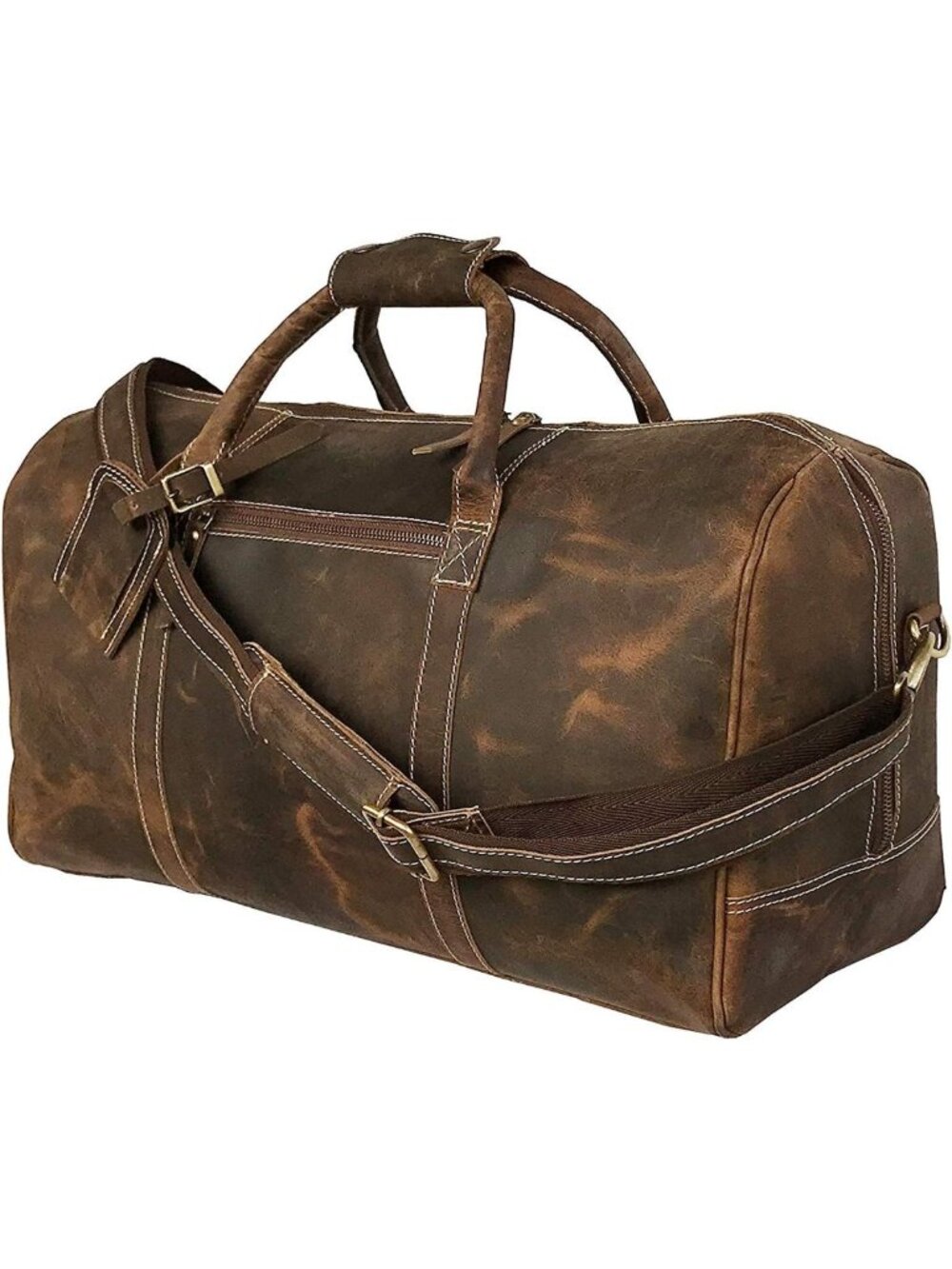 Full Grain Leather Duffle Bag for Men, Buffalo Weekend Travel Bag with Pockets